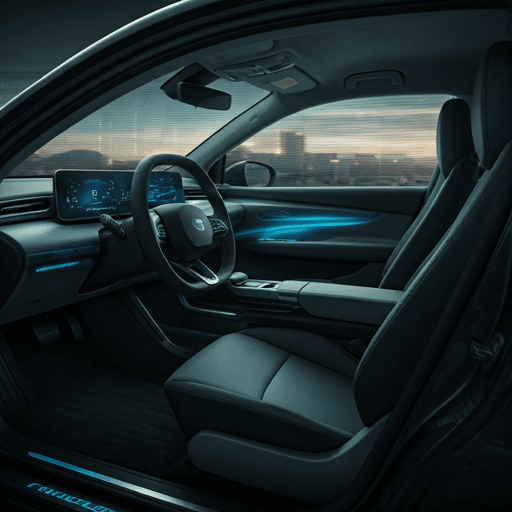 Interior view of a futuristic autonomous car with a minimalist design