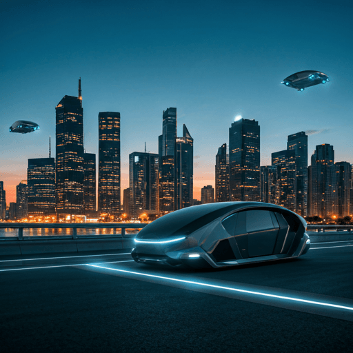 Futuristic cityscape with flying autonomous vehicles at dusk